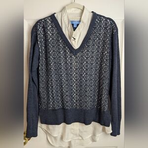 Vera Wang Navy Lace V-Neck Blouse, Lace Overlay